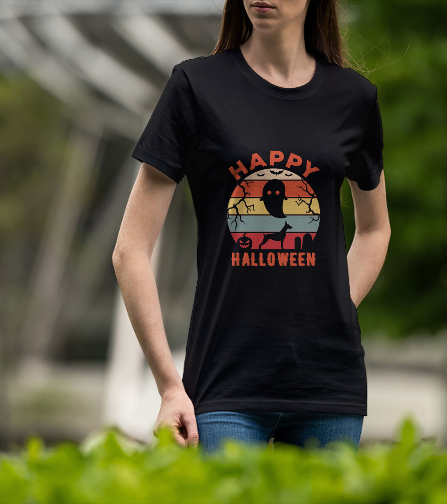 Happy Halloween Ghost Doberman Pumpkin Stripes T-Shirt