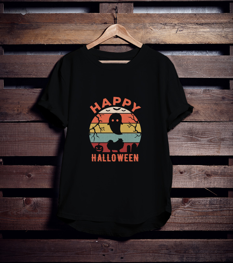 Happy Halloween Pomeranian Ghost And Bats Retro Stripe Moon T-Shirt
