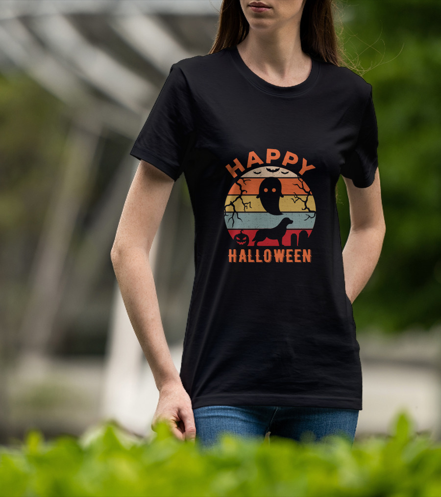 Happy Halloween Retriever Ghost Pumpkin Stripes T-Shirt