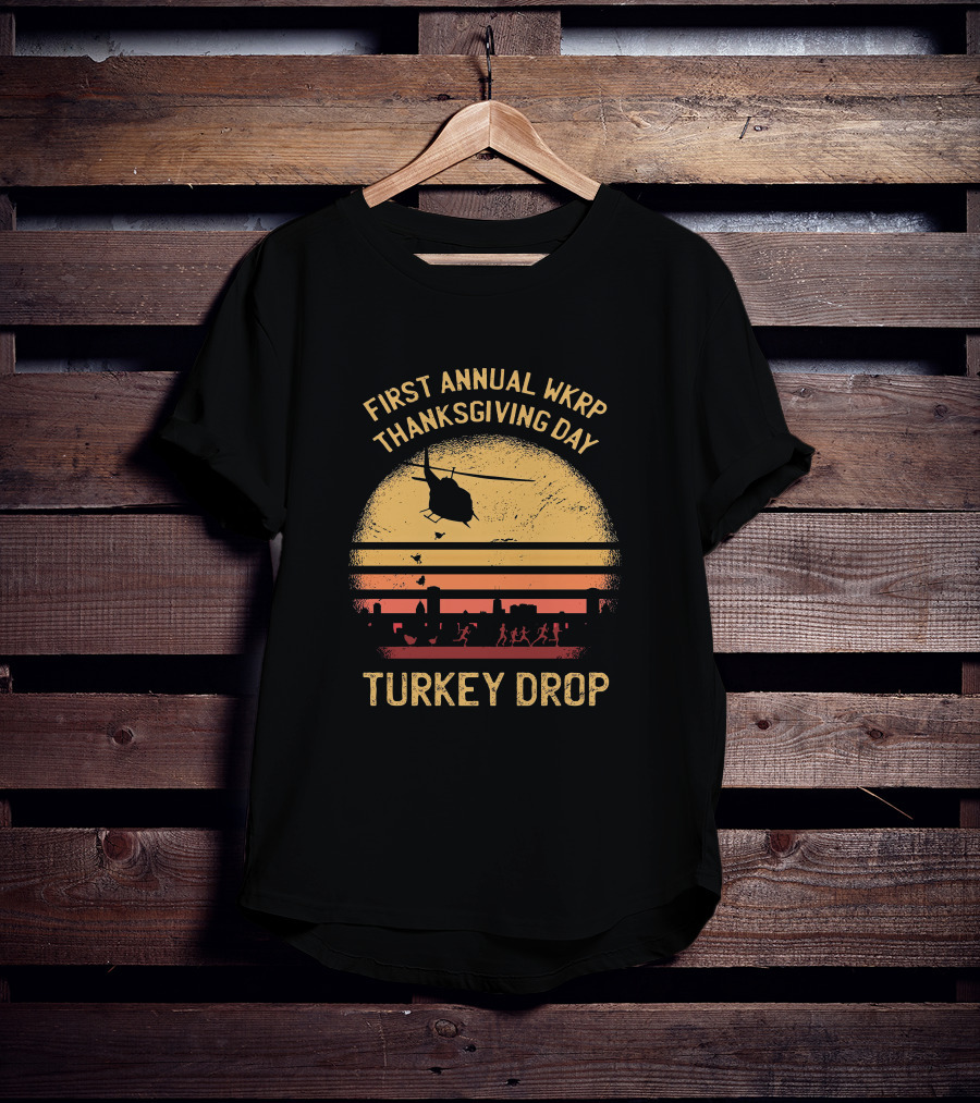First Annual WKRP Thanksgiving Day Turkey Drop Helicopter Silhouette Vintage Sunset Scene T-Shirt