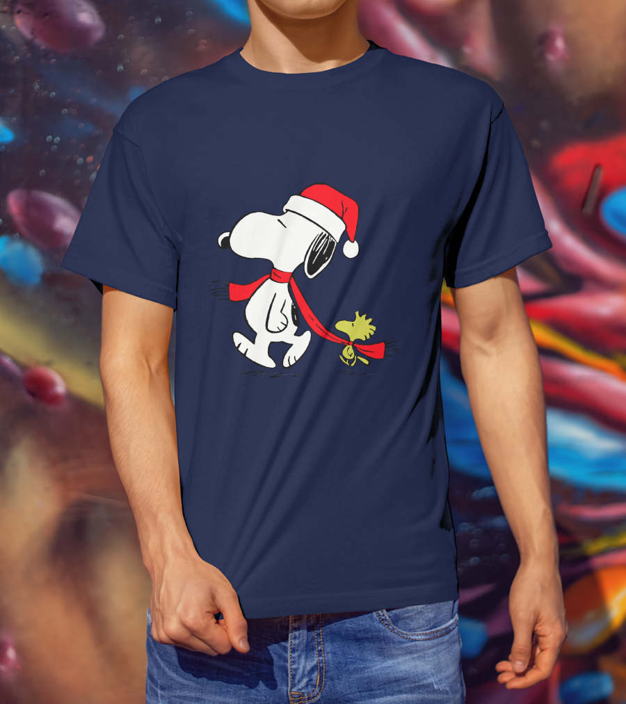 Snoopy Santa Hat And Woodstock Christmas Peanuts Scarf T-Shirt