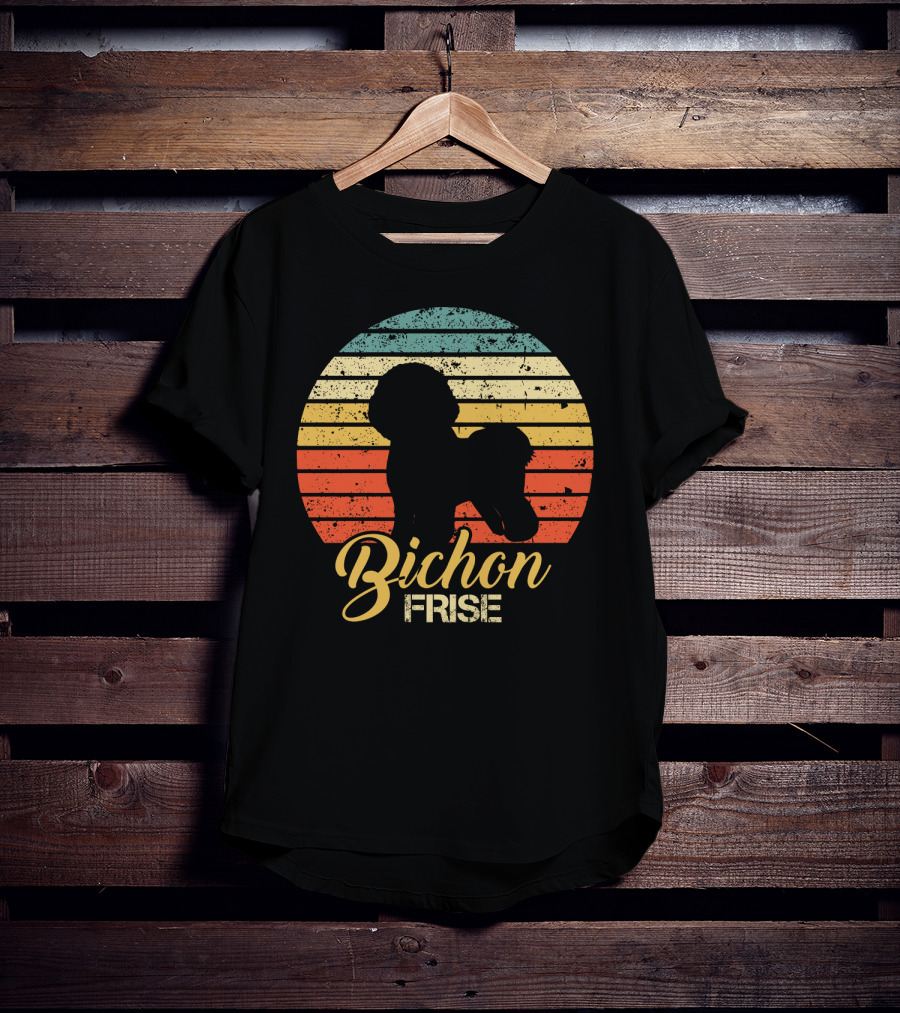 Retro Sunset Silhouette Bichon Frise Stripes T-Shirt