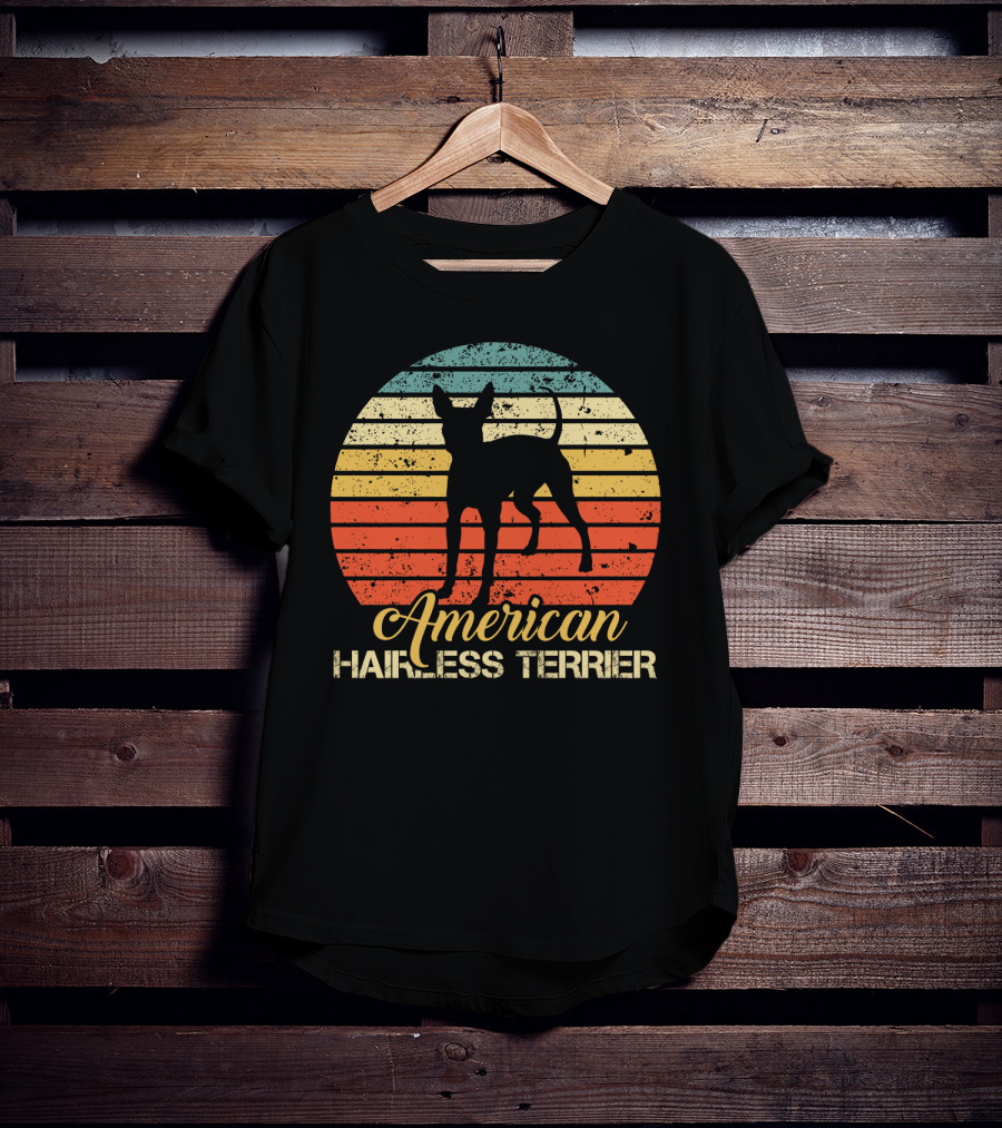 Retro Vintage American Hairless Terrier With Striped Sunset Background T-Shirt