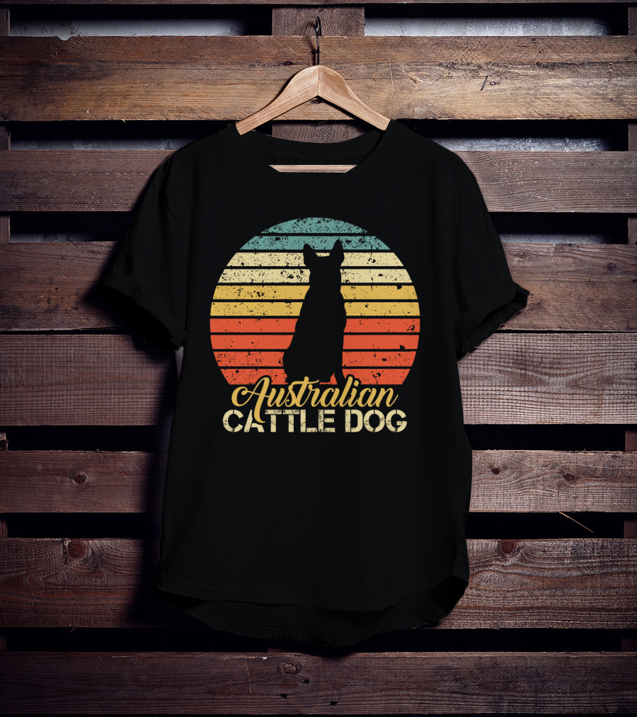 Retro Australian Cattle Dog Silhouette With Vintage Striped Sunset T-Shirt