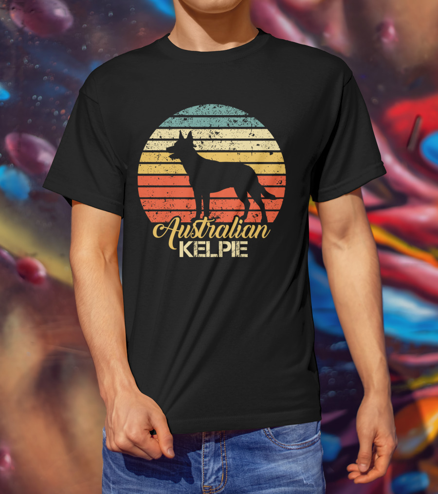 Retro Australian Kelpie Silhouette With Vintage Stripes T-Shirt