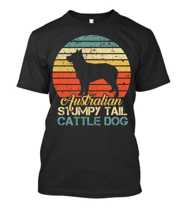 Vintage Retro Australian Stumpy Tail Cattle Dog Silhouette Sunset Stripes T-Shirt