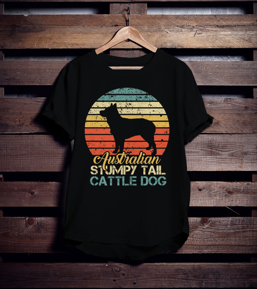Vintage Retro Australian Stumpy Tail Cattle Dog Silhouette Sunset Stripes T-Shirt