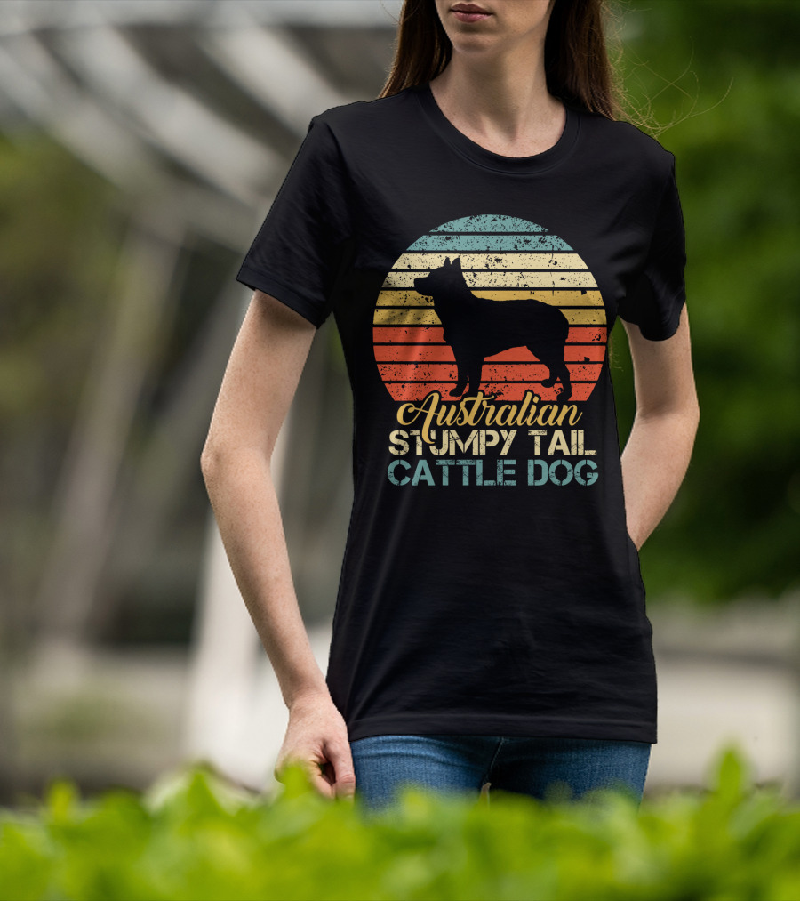 Vintage Retro Australian Stumpy Tail Cattle Dog Silhouette Sunset Stripes T-Shirt