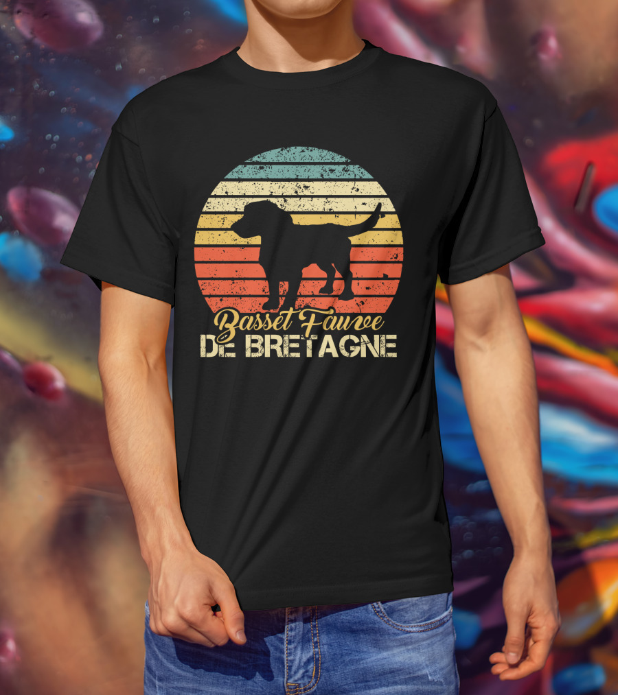 Retro Stripes Basset Fauve De Bretagne Silhouette Vintage T-Shirt