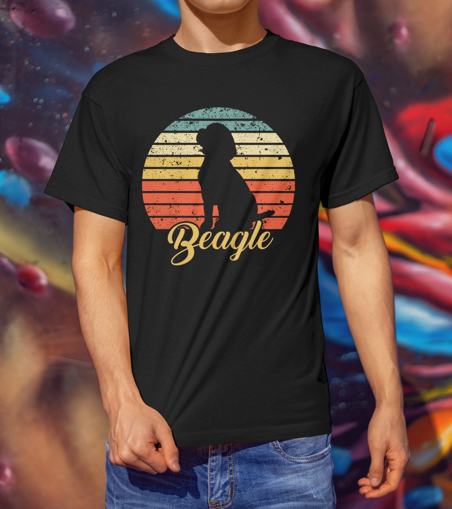 Vintage Beagle Silhouette With Retro Sunset Stripes T-Shirt