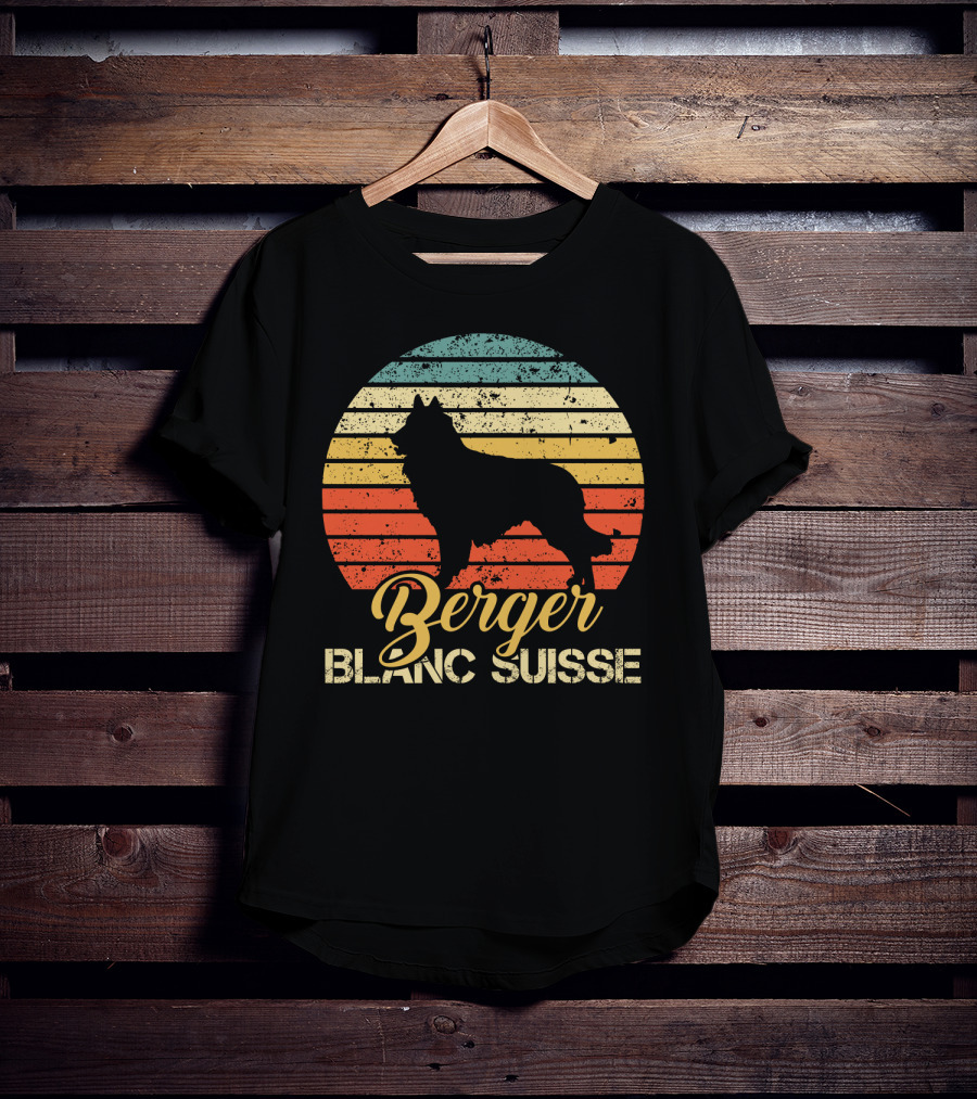 Retro Sunset Silhouette Berger Blanc Suisse Text T-Shirt