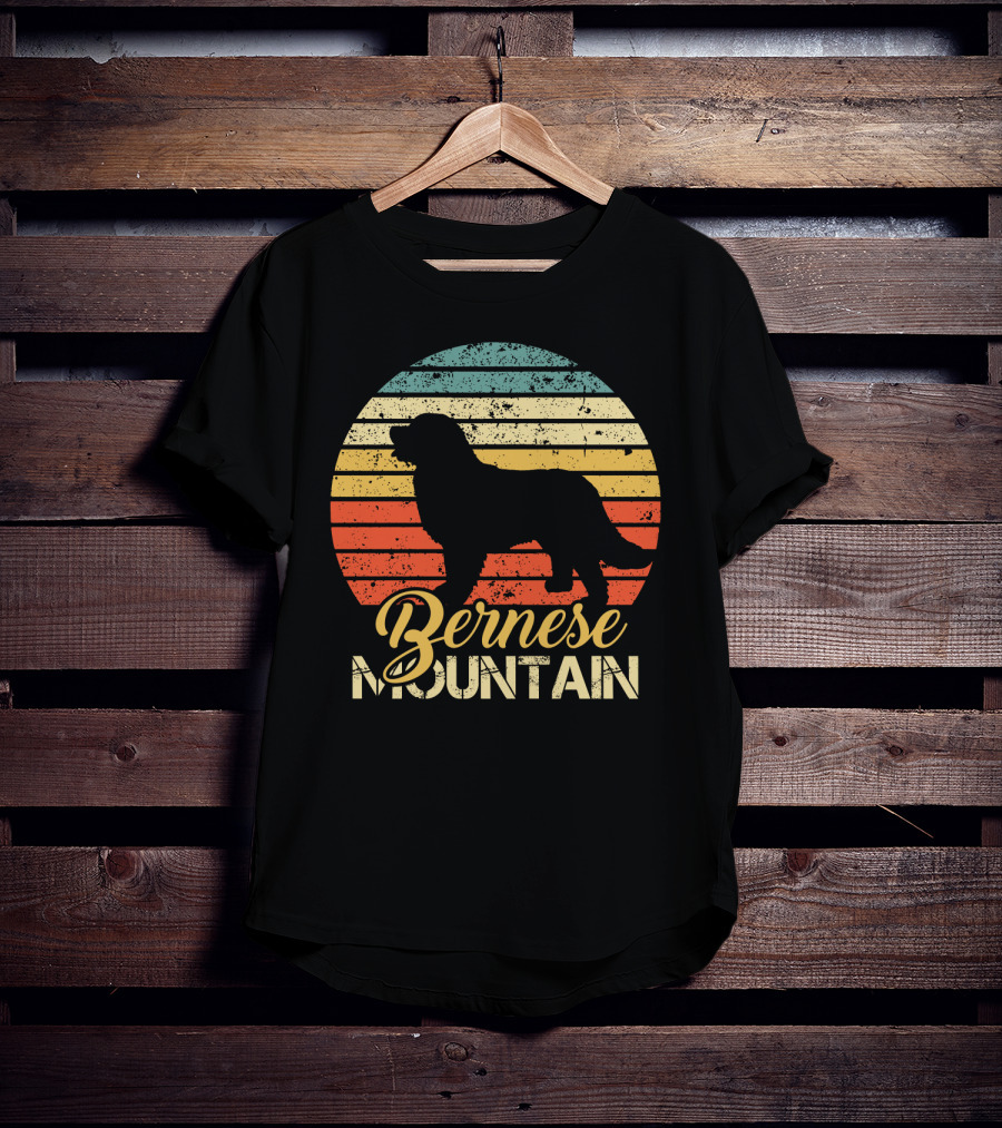 Retro Bernese Mountain Dog Silhouette With Striped Sunset Background T-Shirt