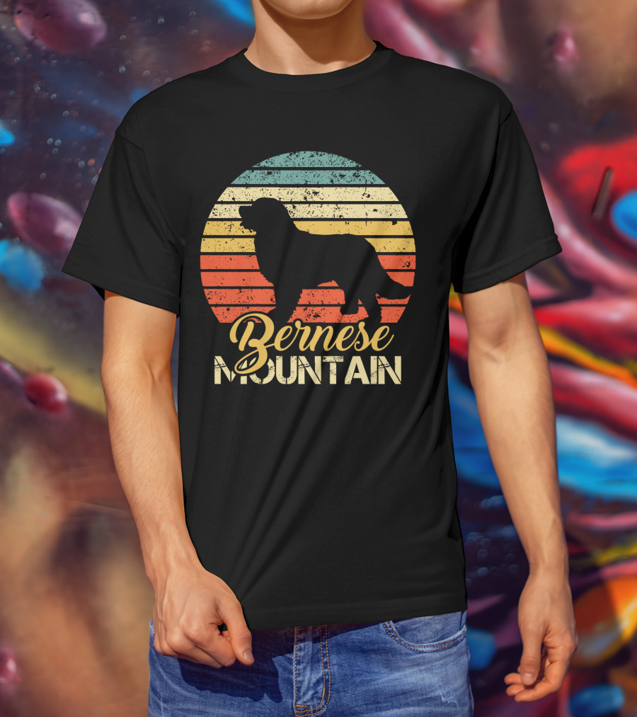 Retro Bernese Mountain Dog Silhouette With Striped Sunset Background T-Shirt