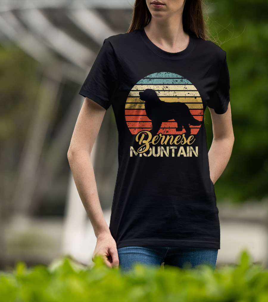 Retro Bernese Mountain Dog Silhouette With Striped Sunset Background T-Shirt