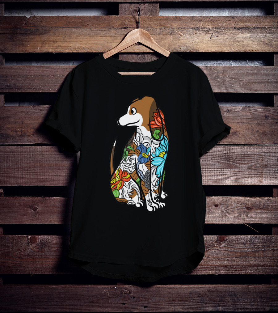 Basset Hound Tattoo Floral Art Design With Vibrant Colors T-Shirt