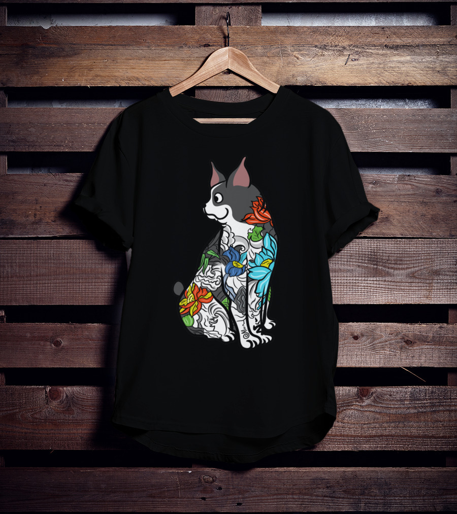 Boston Terrier With Colorful Floral Tattoo T-Shirt