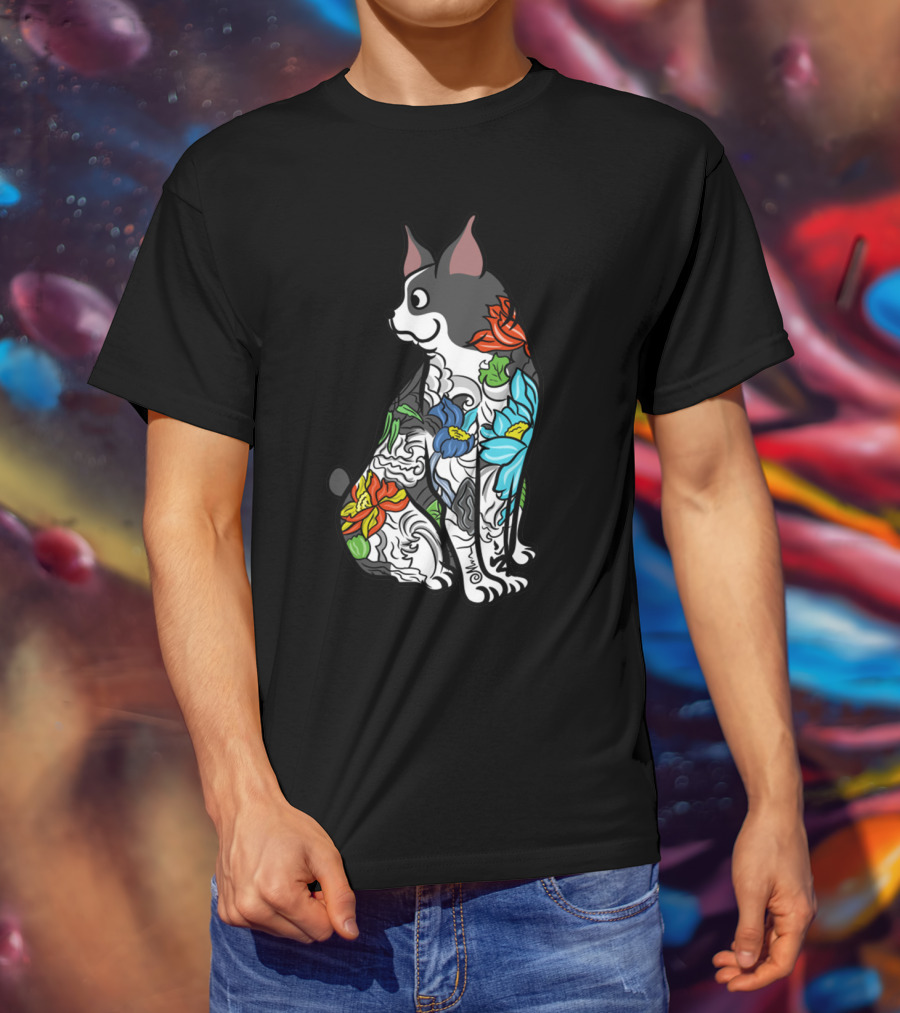 Boston Terrier With Colorful Floral Tattoo T-Shirt
