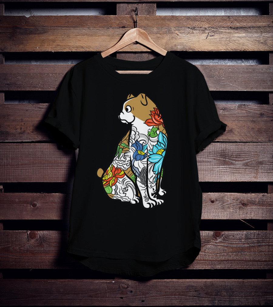 Bulldog Tattoo Floral Pattern Colorful T-Shirt