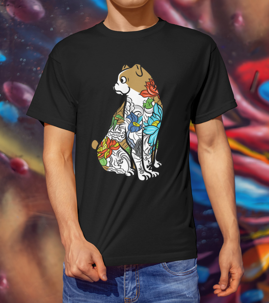 Bulldog Tattoo Floral Pattern Colorful T-Shirt