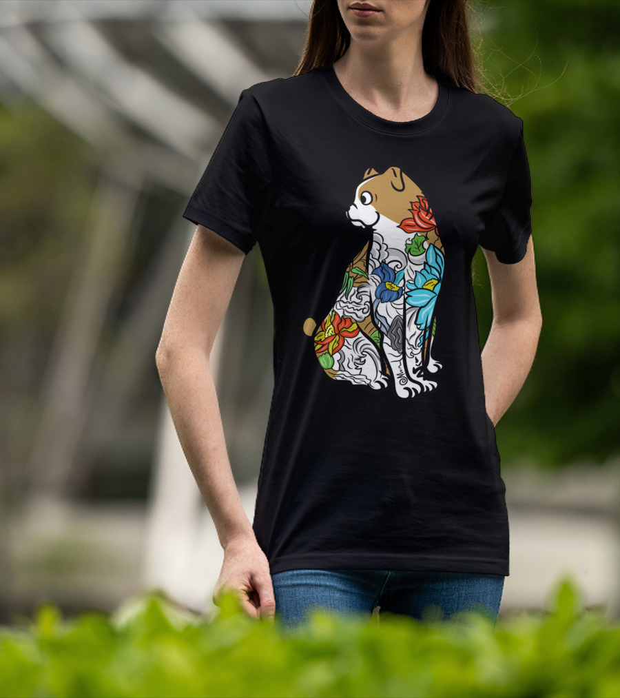 Bulldog Tattoo Floral Pattern Colorful T-Shirt