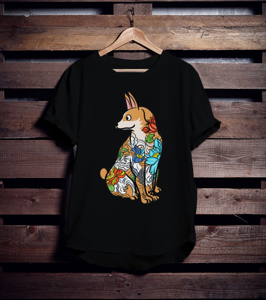 Corgi With Colorful Floral Tattoo T-Shirt