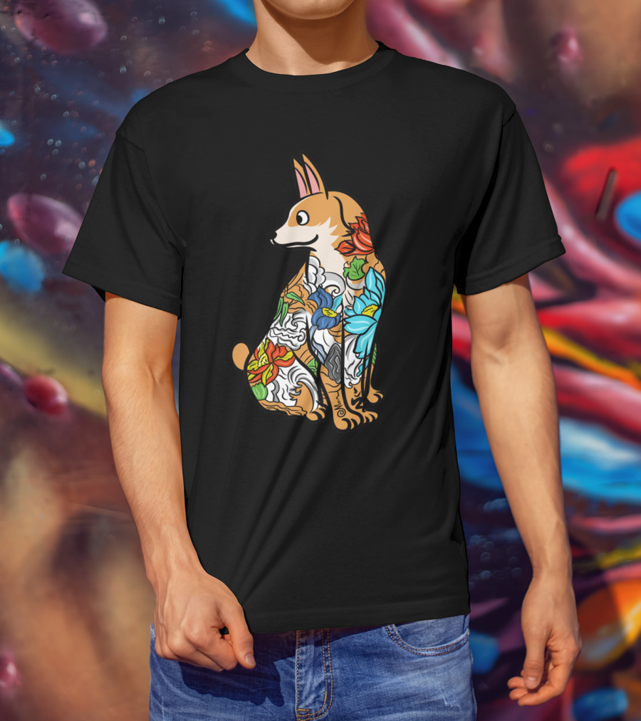 Corgi With Colorful Floral Tattoo T-Shirt