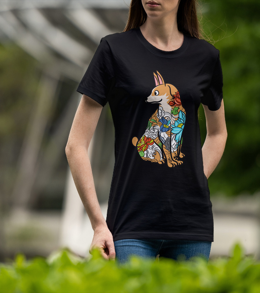 Corgi With Colorful Floral Tattoo T-Shirt