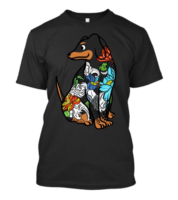 Colorful Floral Dachshund Tattoo Design With Artistic Flower T-Shirt