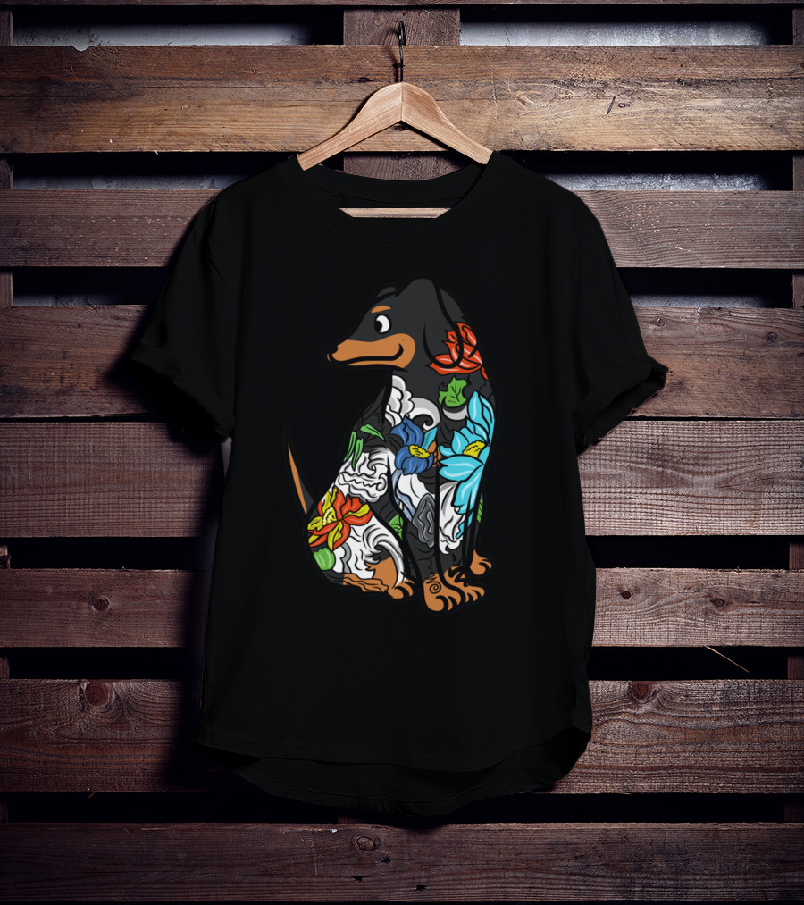 Colorful Floral Dachshund Tattoo Design With Artistic Flower T-Shirt