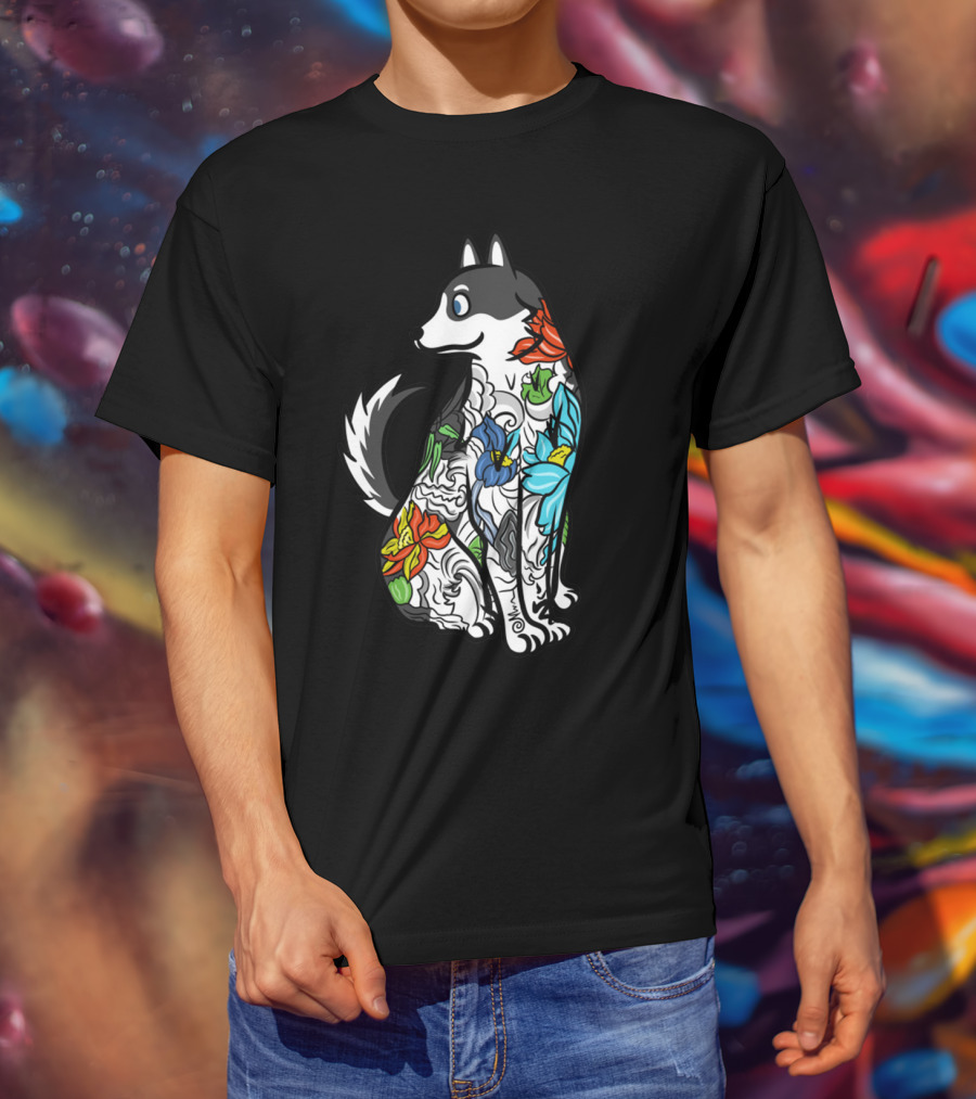 Husky Tattoo Floral Art Pattern In Black And Multicolor T-Shirt