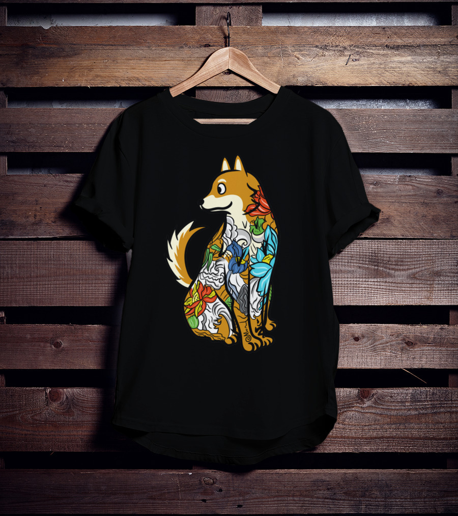 Shiba Inu Tattoo Colorful Floral T-Shirt