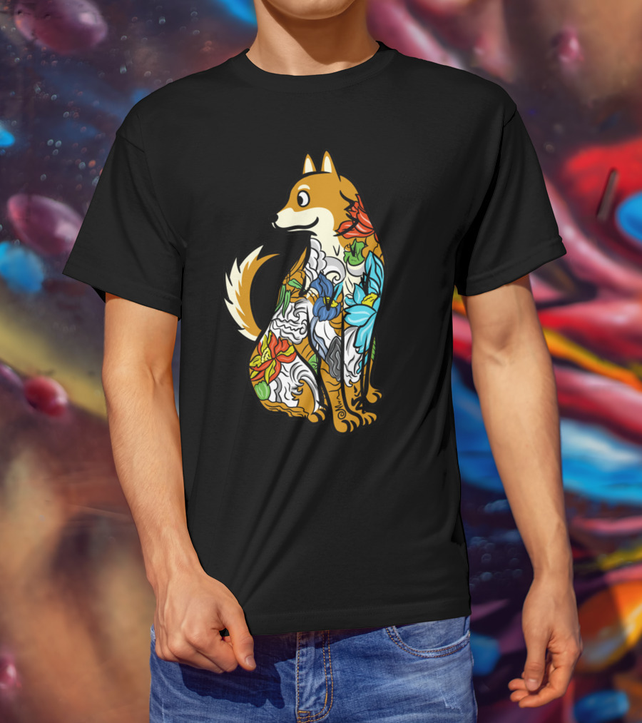 Shiba Inu Tattoo Colorful Floral T-Shirt