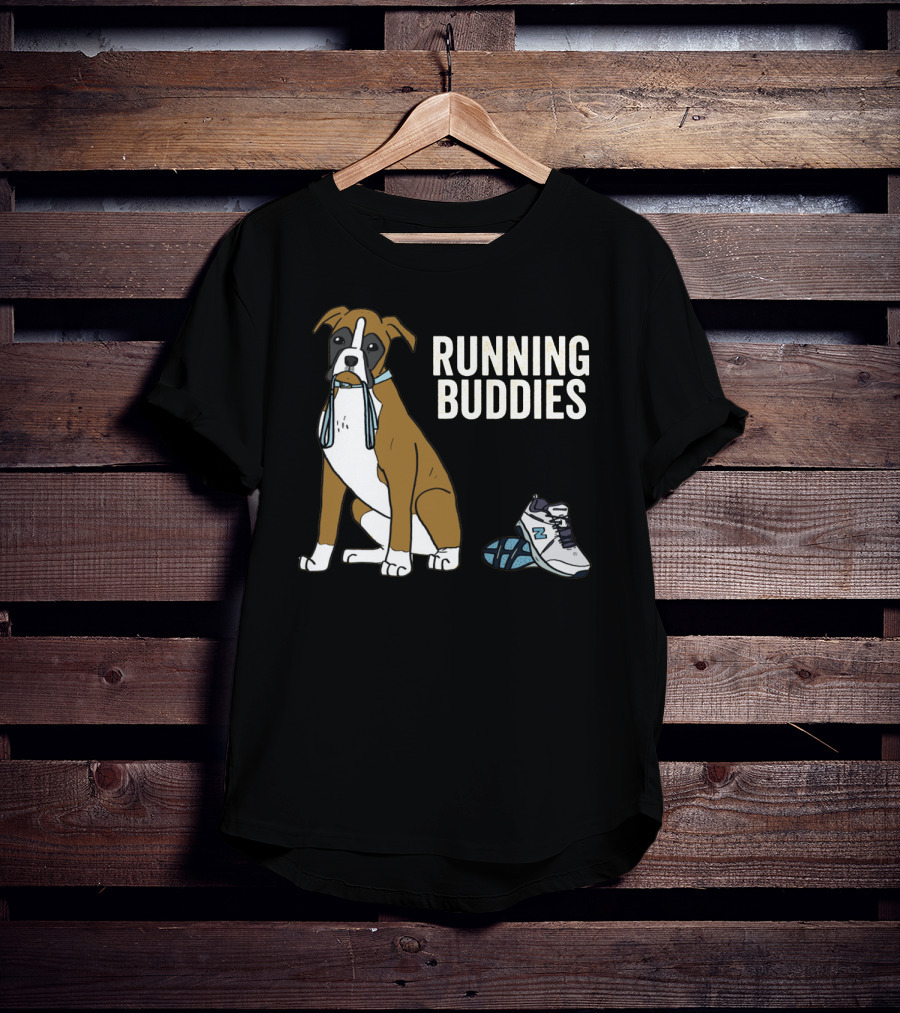 Boxer With Shoe And Running Buddies Text T-Shirt