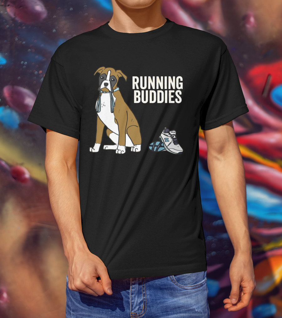 Boxer With Shoe And Running Buddies Text T-Shirt