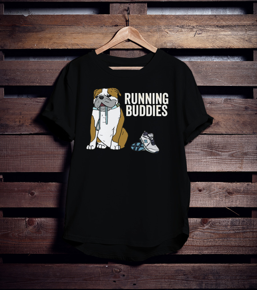 Bulldog And Sneakers Running Buddies With Leash And Shoe Companion T-Shirt