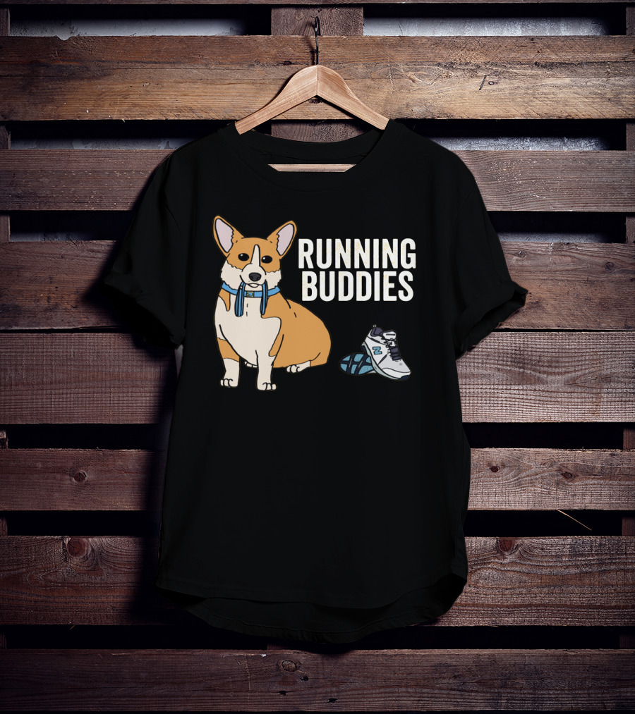 Corgi Running Buddies With Sneakers And Blue Collar T-Shirt