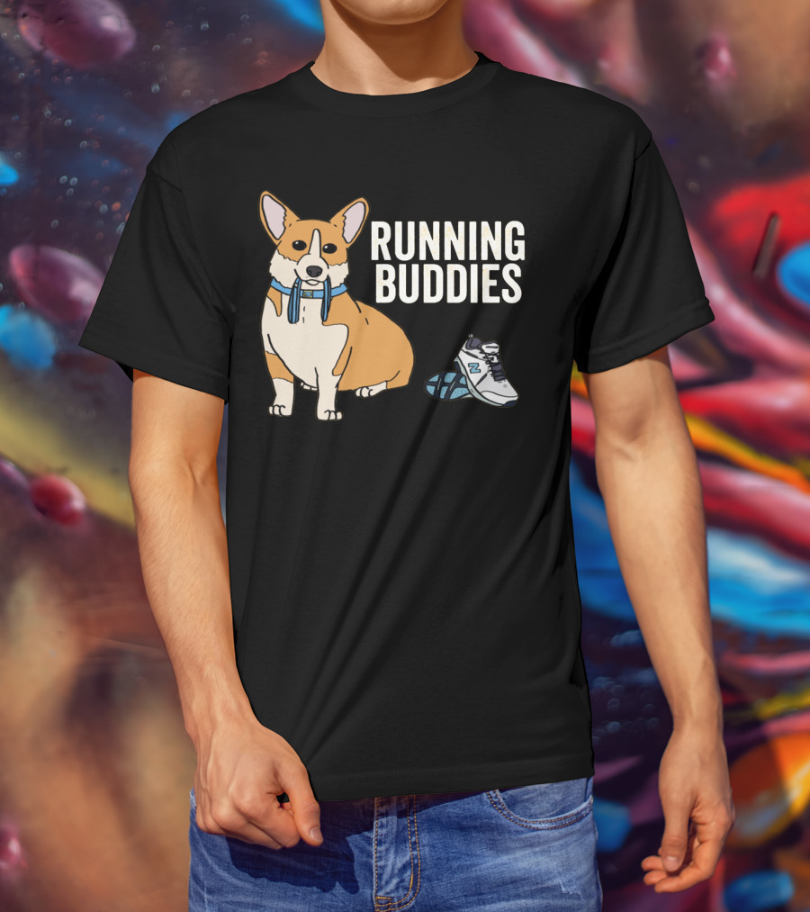 Corgi Running Buddies With Sneakers And Blue Collar T-Shirt