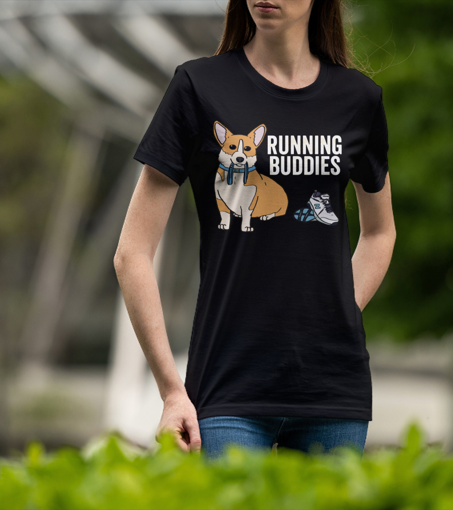 Corgi Running Buddies With Sneakers And Blue Collar T-Shirt