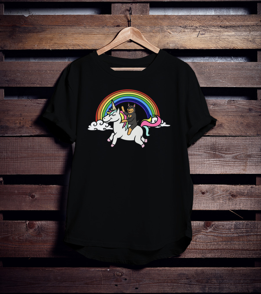 Doberman Riding Unicorn With Rainbow In Clouds T-Shirt