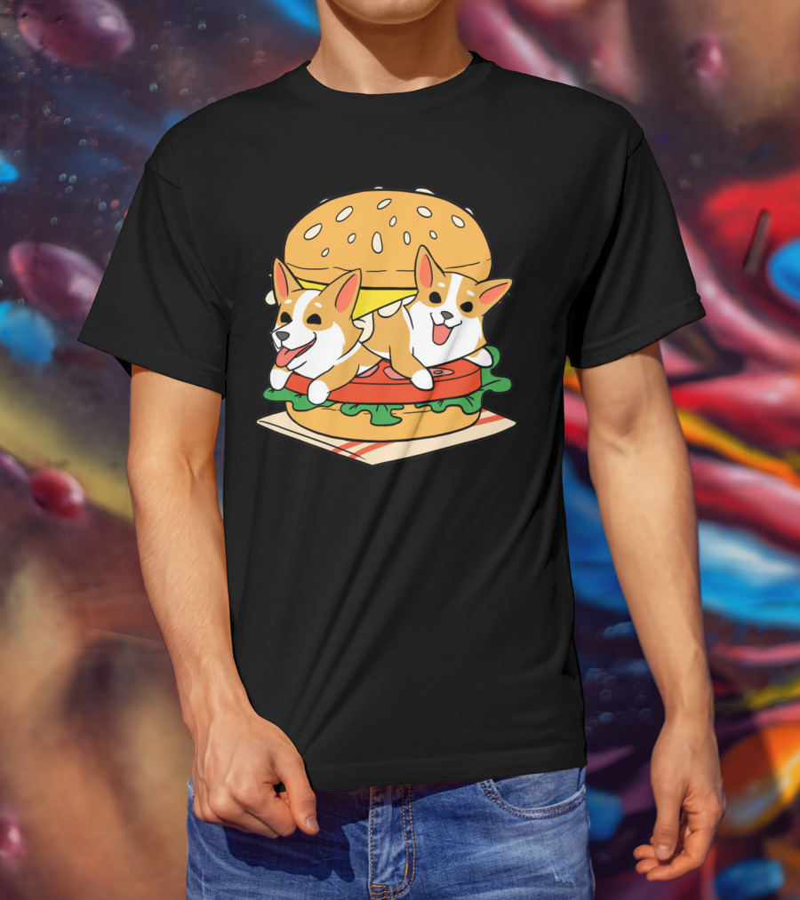Corgi Burger Delight Double Pup Cheeseburger Fun T-Shirt
