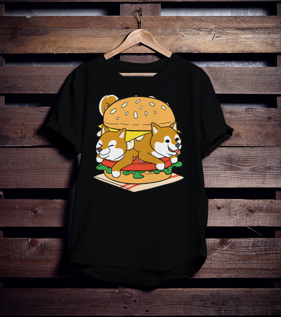 Shiba Inu Hamburger Parody With Cute Dog Duo Inside Cheeseburger Bun T-Shirt