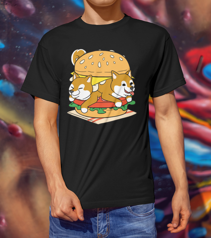 Shiba Inu Hamburger Parody With Cute Dog Duo Inside Cheeseburger Bun T-Shirt
