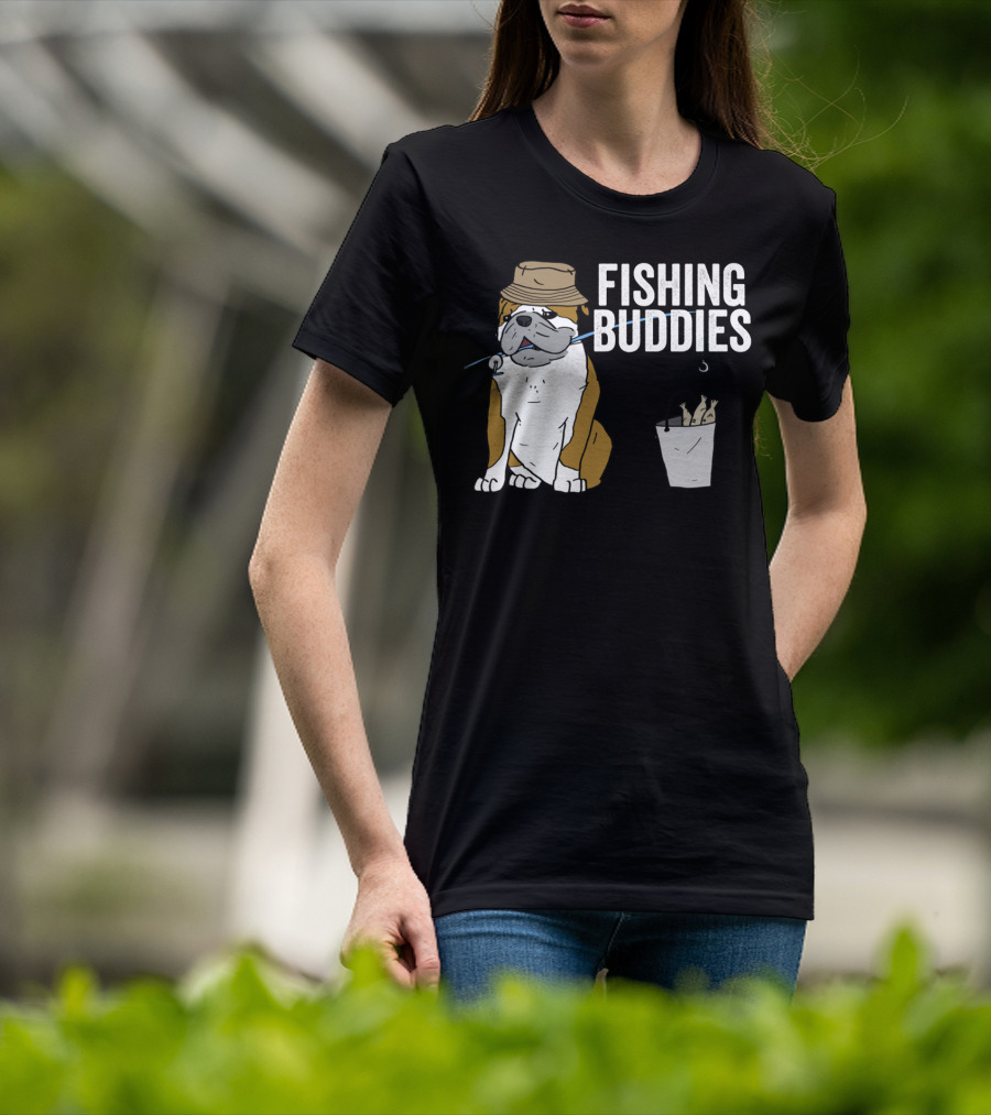 Bulldog Wearing Hat With Fishing Hook And Bucket - Fun Fishing Buddies T-Shirt