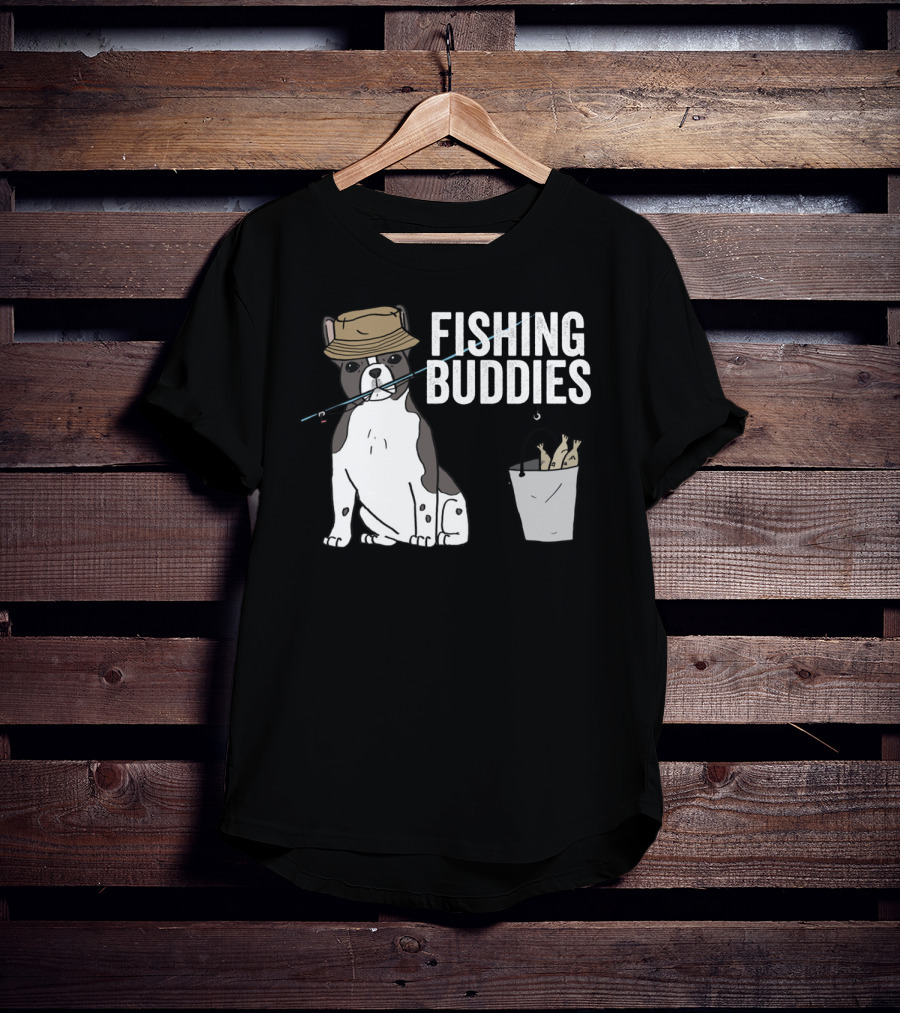 French Bulldog Fishing Buddies With Hat And Fish Bucket T-Shirt