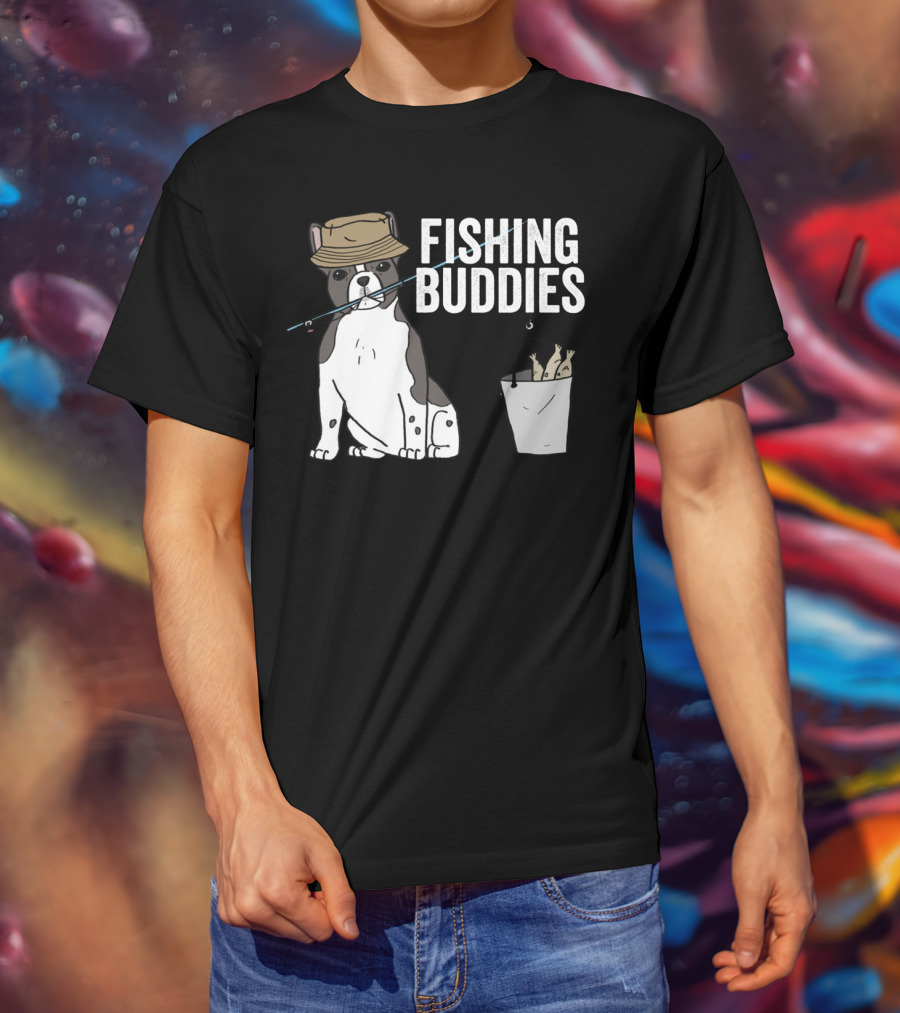 French Bulldog Fishing Buddies With Hat And Fish Bucket T-Shirt