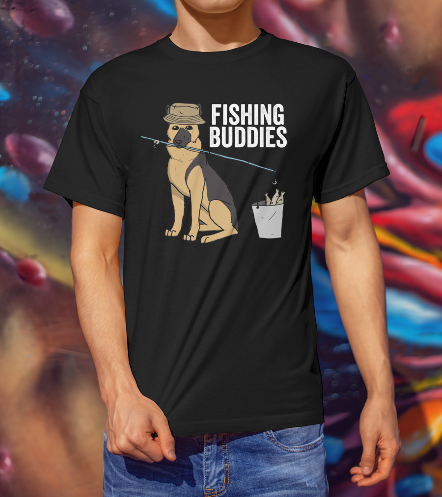 Fishing Buddies German Shepherd Bucket And Fishing Rod T-Shirt