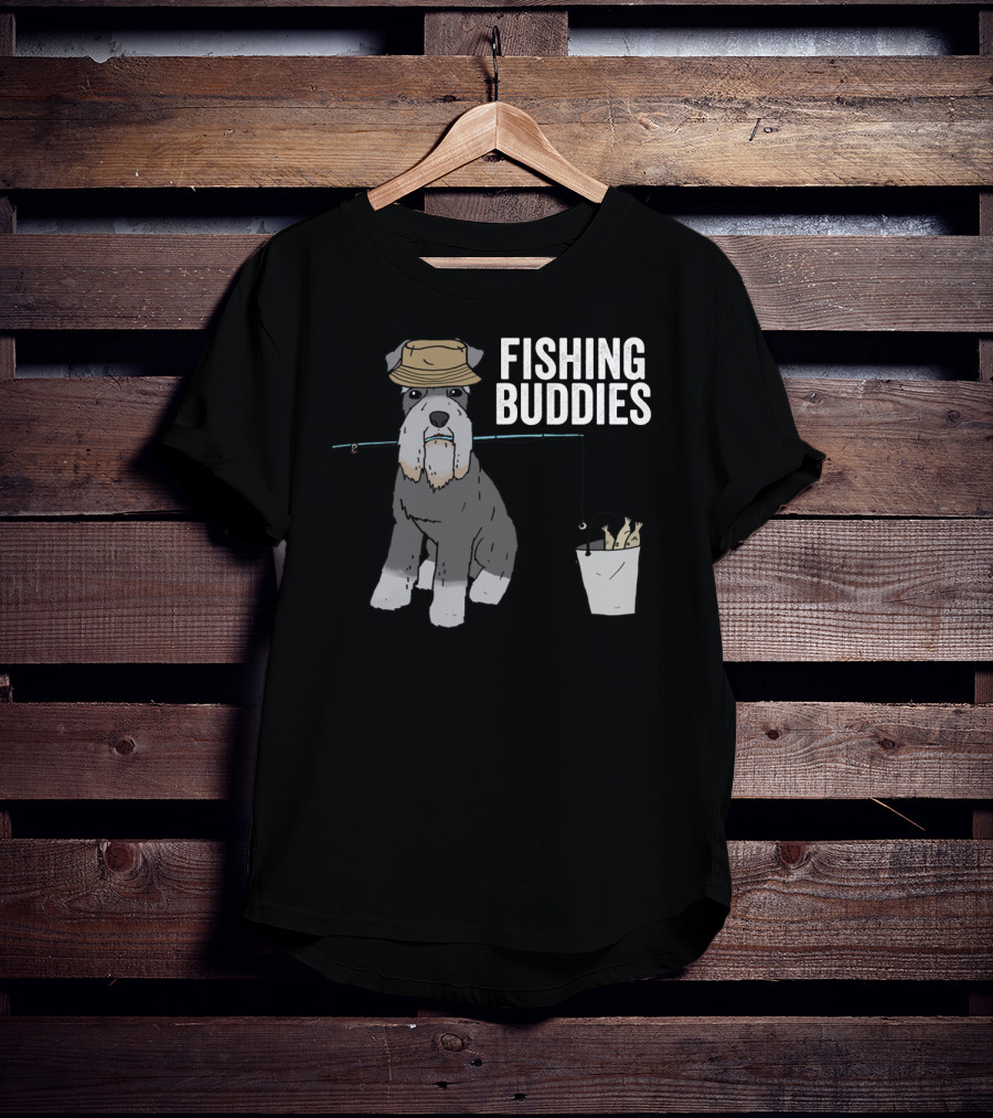 Schnauzer Dog Wearing Fishing Hat With Rod And Bucket - Fishing Buddies T-Shirt