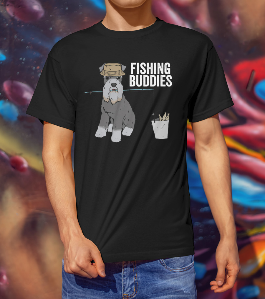 Schnauzer Dog Wearing Fishing Hat With Rod And Bucket - Fishing Buddies T-Shirt