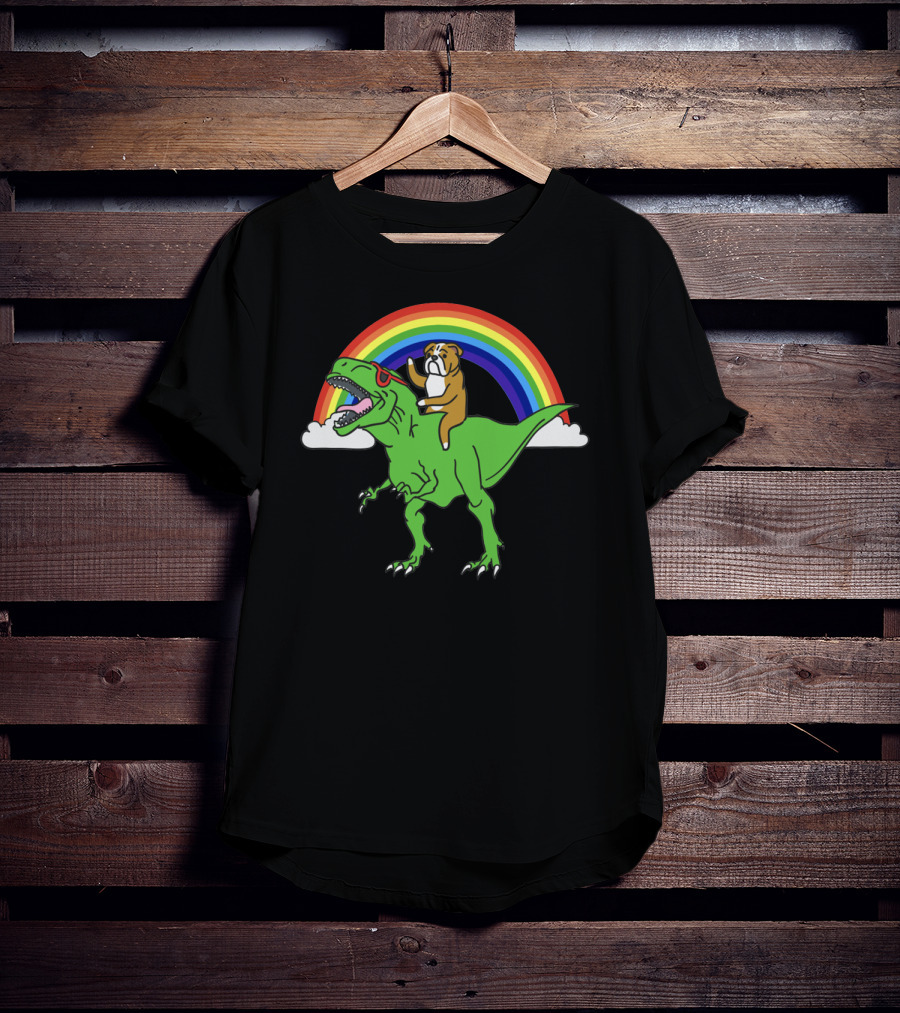 Bulldog Riding T-Rex With Rainbow And Sunglasses T-Shirt