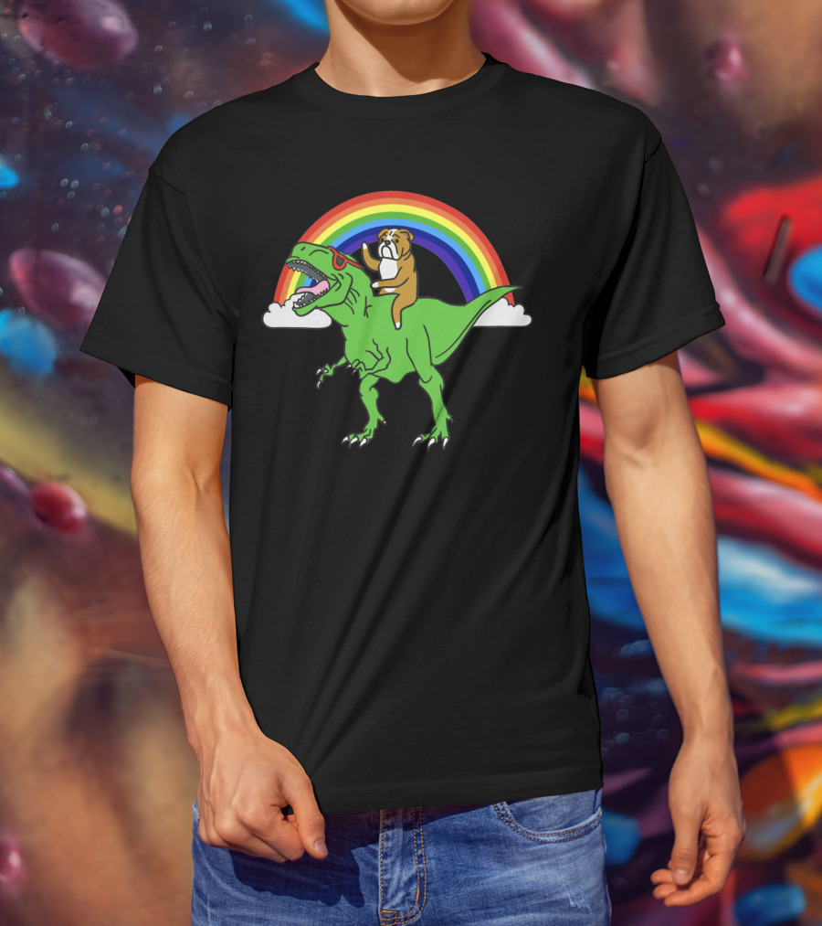 Bulldog Riding T-Rex With Rainbow And Sunglasses T-Shirt